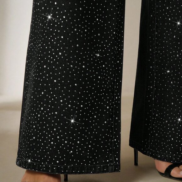 Black Casual Women's Rhinestud Wide Leg Plus Size Jeans - Picture 3 of 5